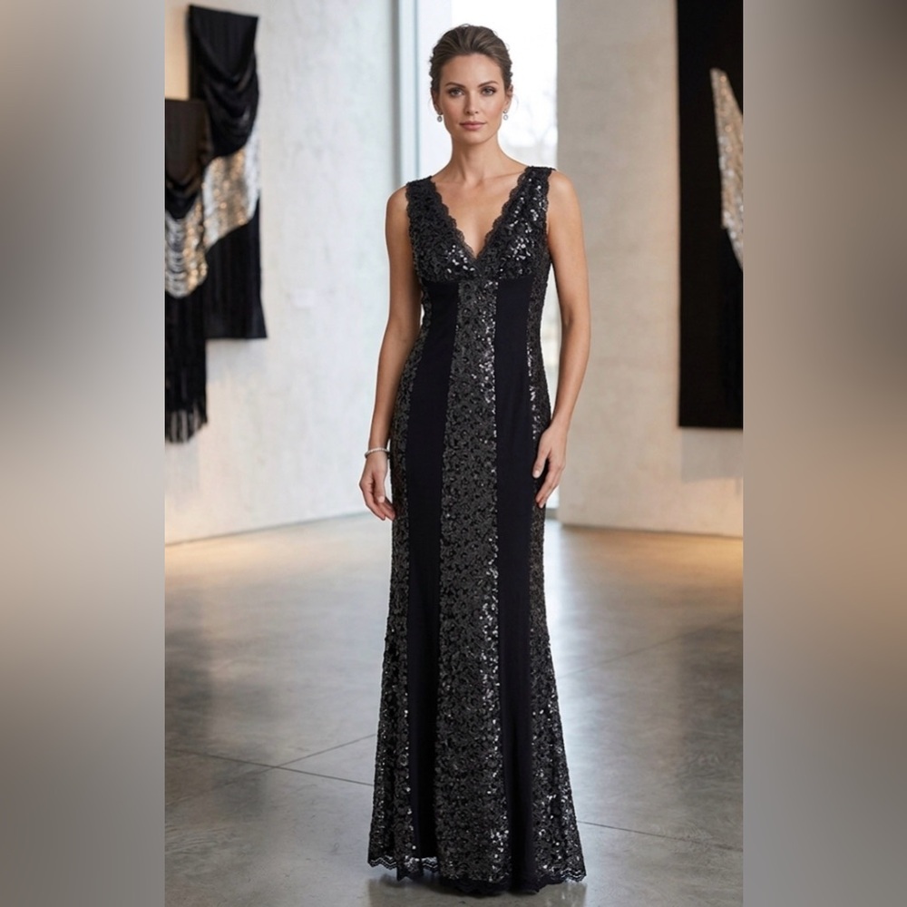 Nicole Bakti Black Sequin Lace Jersey V-Neck‎ Sleeveless Evening Gown Dress M